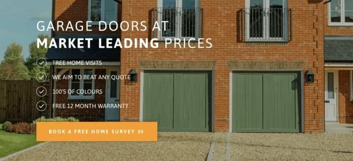 Garage door website banner with an orange Book a Free Home Survey button