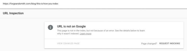 Google Search Console URL Inspection showing a page that is not on Google, with a Request Indexing button